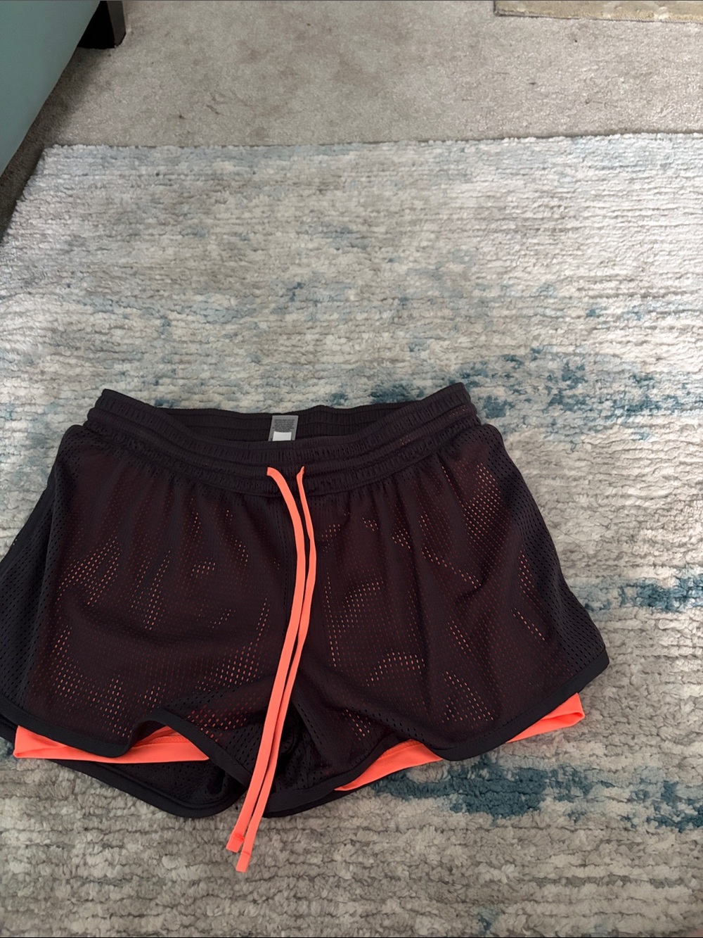 Black Mesh Athletic Shorts with Coral Liner and Drawstring